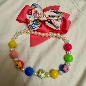 Girls ‘Happy Easter’ Bunny Rabbit Hair Bow Clip & Beaded Necklace